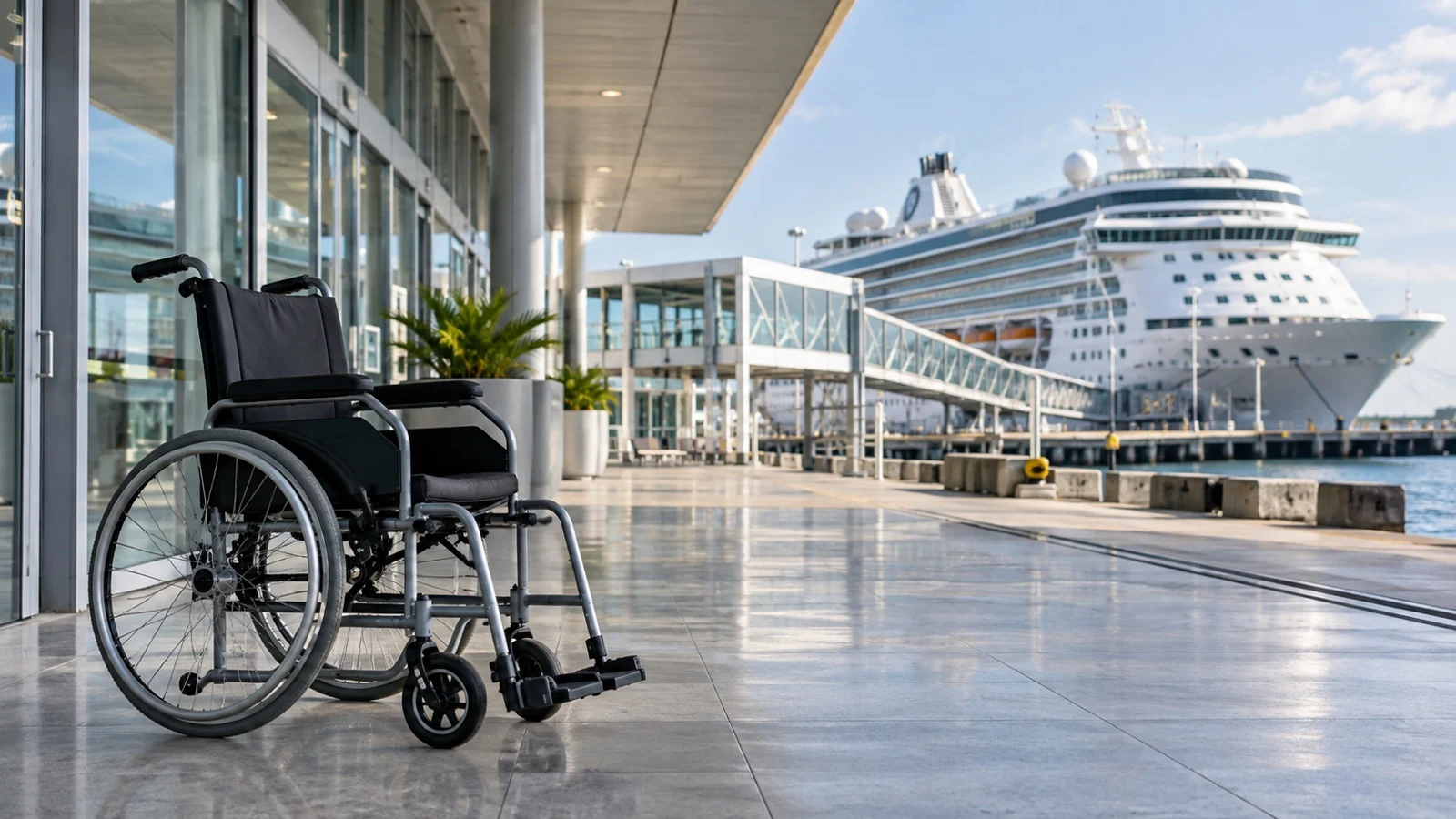 Clean rented wheelchair waiting at an empty cruise terminal