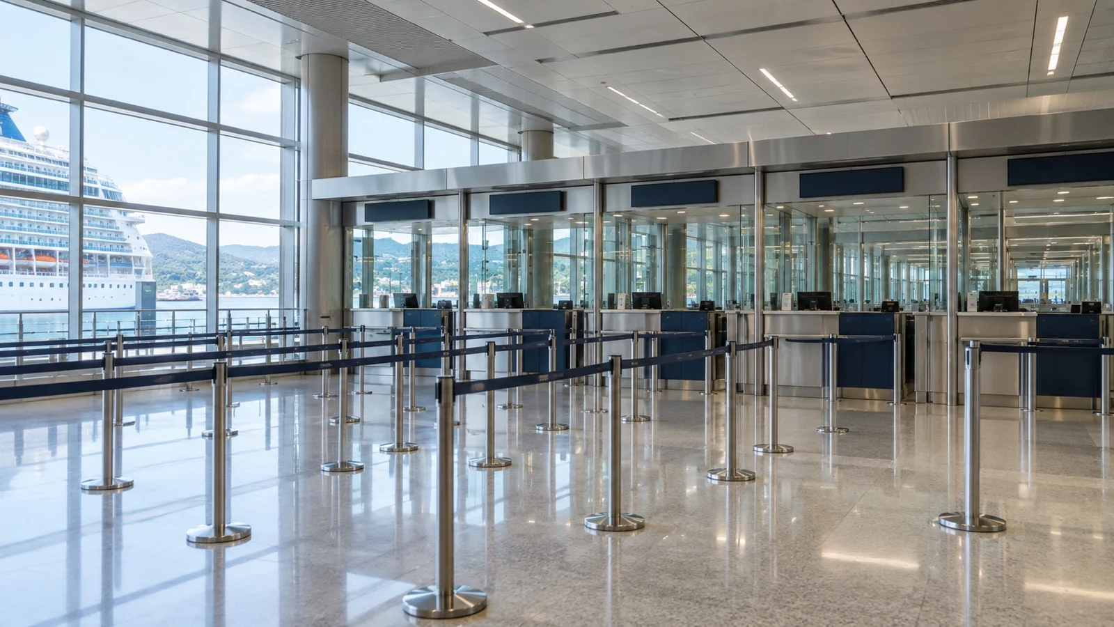 Empty modern border-control hall after cruise disembarkation