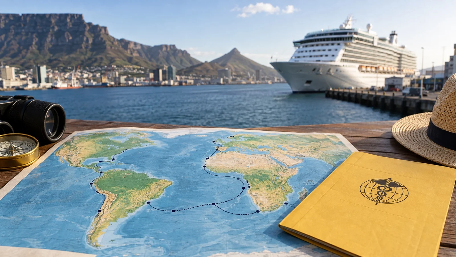 Unlabeled cruise route map through South America and Africa beside yellow card