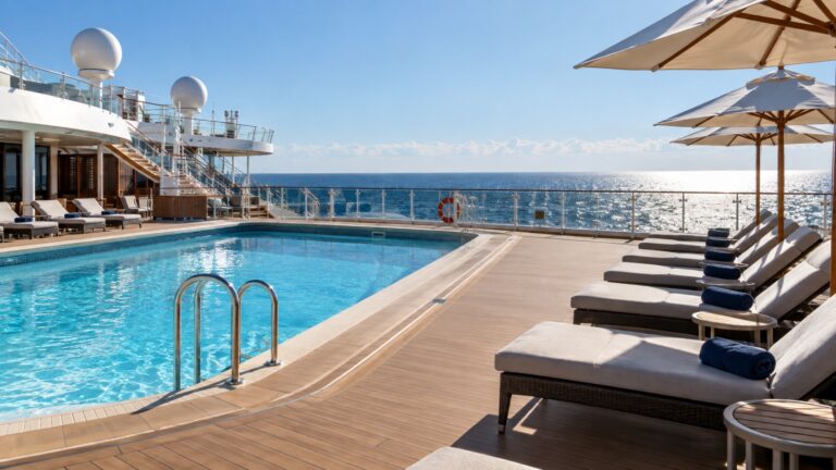 Empty sunny cruise ship pool deck at sea with loungers