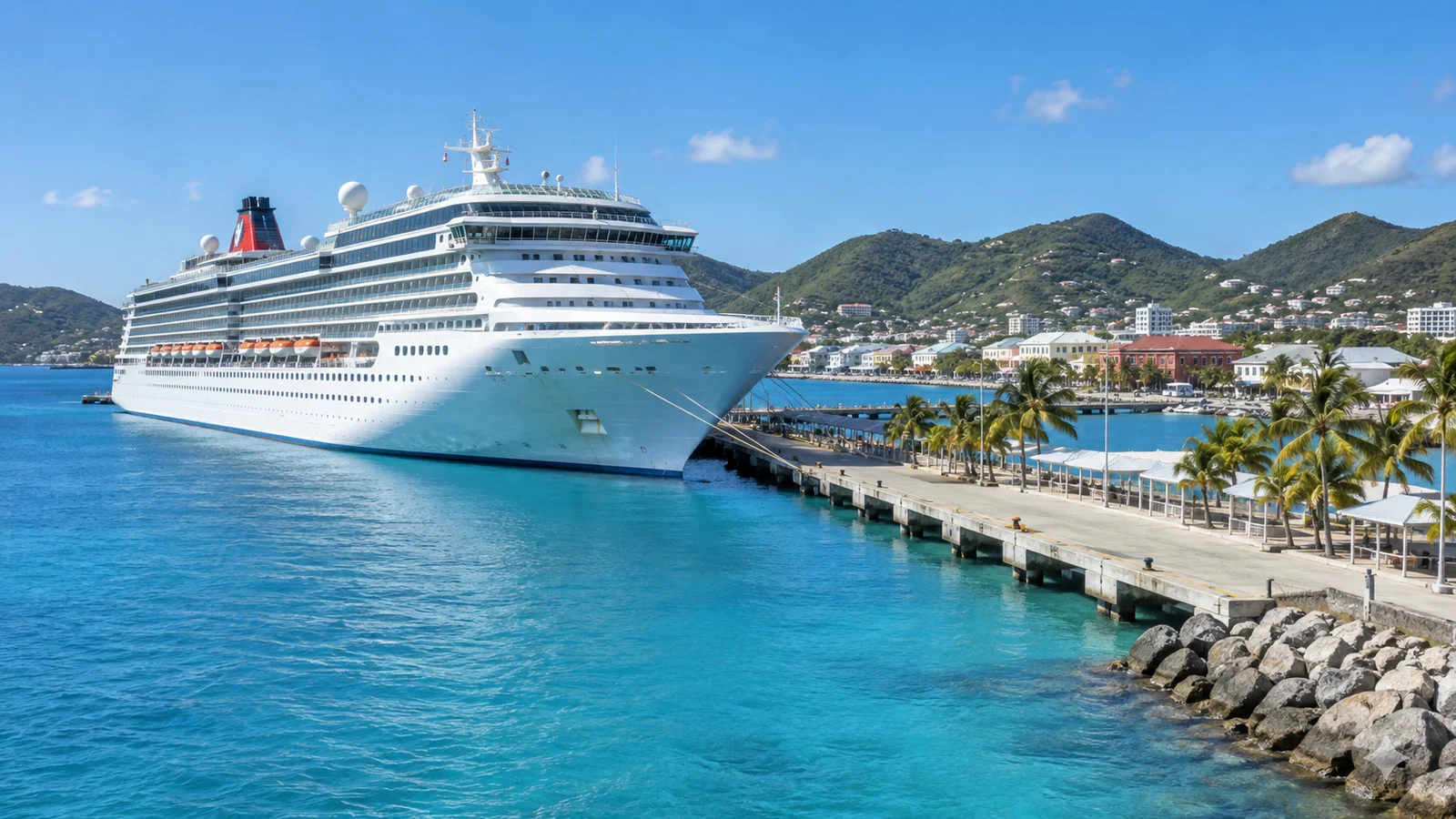 Caribbean cruise ship at Saint Maarten pier in winter sunshine