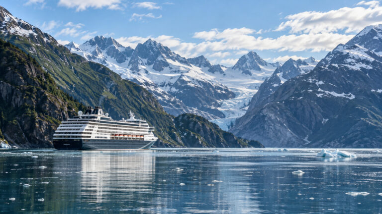 Cruise ship in Alaska fjord during summer season