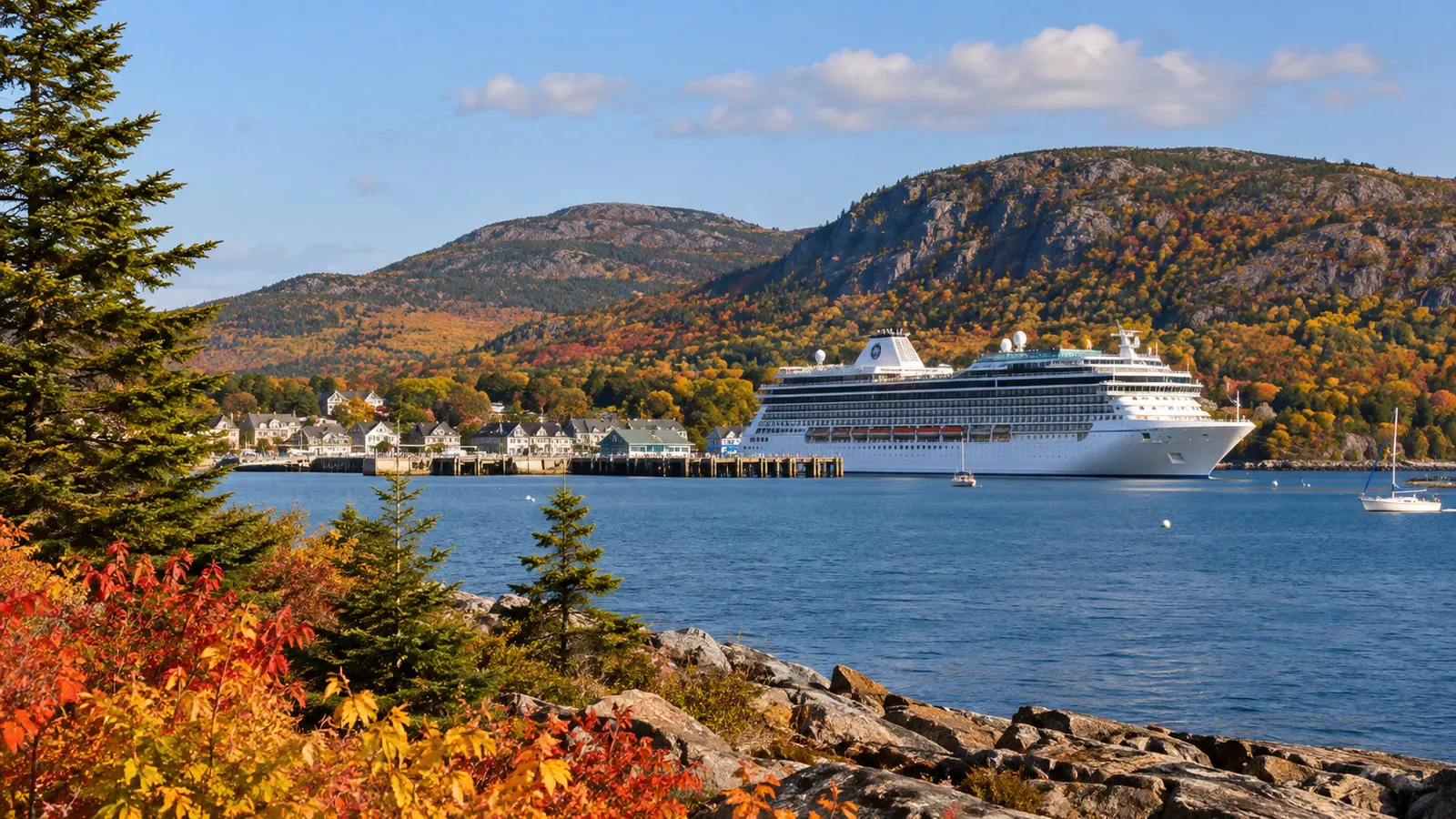 Cruise ship in Bar Harbor Maine with autumn foliage
