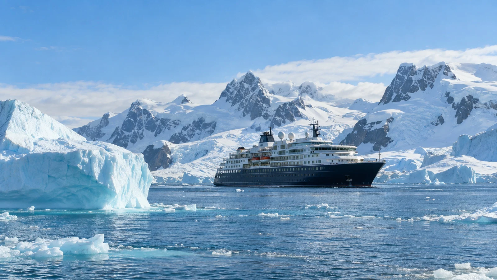 Expedition cruise ship among Antarctic icebergs during austral summer