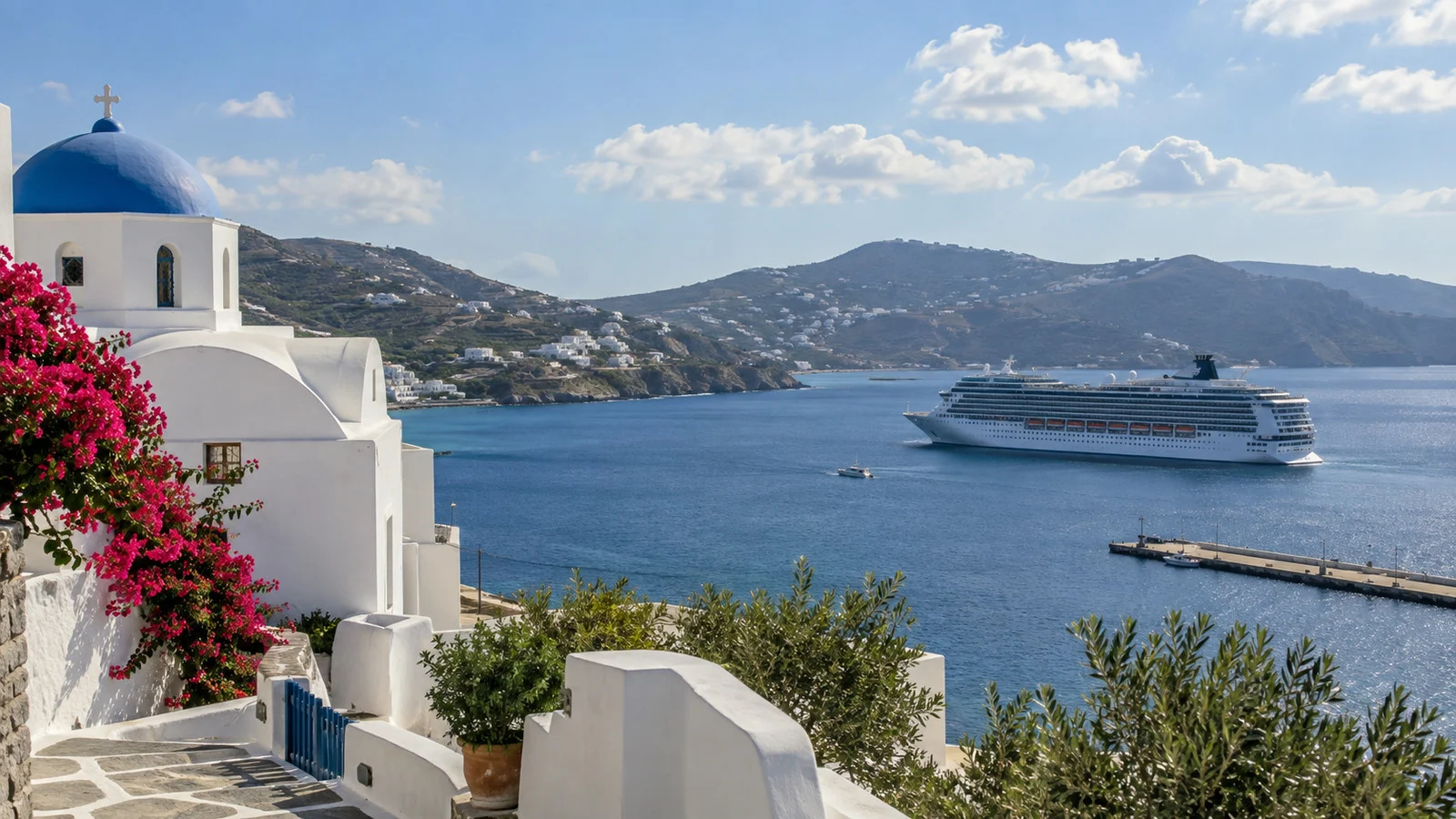 Mediterranean cruise ship at a Greek island in spring