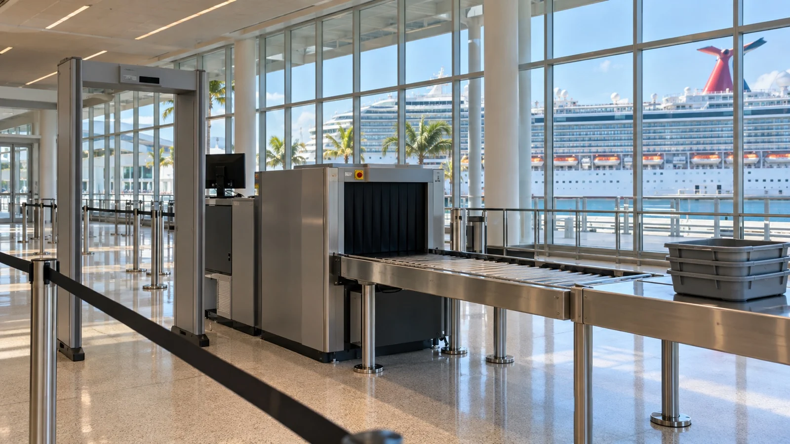 Empty security screening lane at a cruise terminal