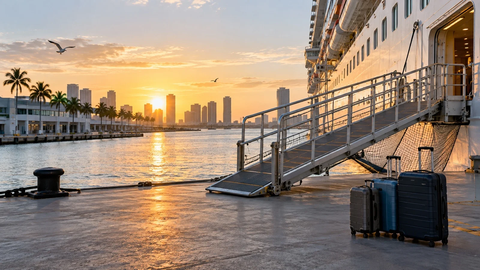 Wheeled suitcases beside empty cruise ship gangway at dawn