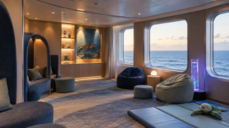 Empty calm sensory-friendly room on a cruise ship with soft lighting and comfortable seating