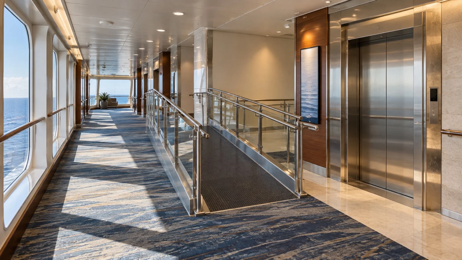 Empty accessible ramp and elevator area in a cruise ship corridor
