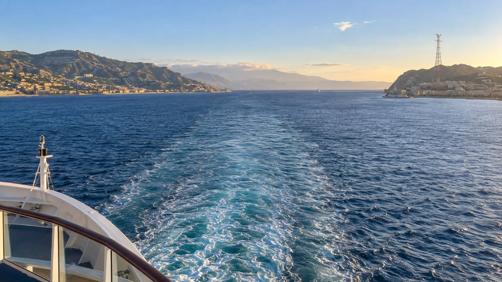 Cruise ship approaching the Strait of Messina between Sicily and Calabria.
