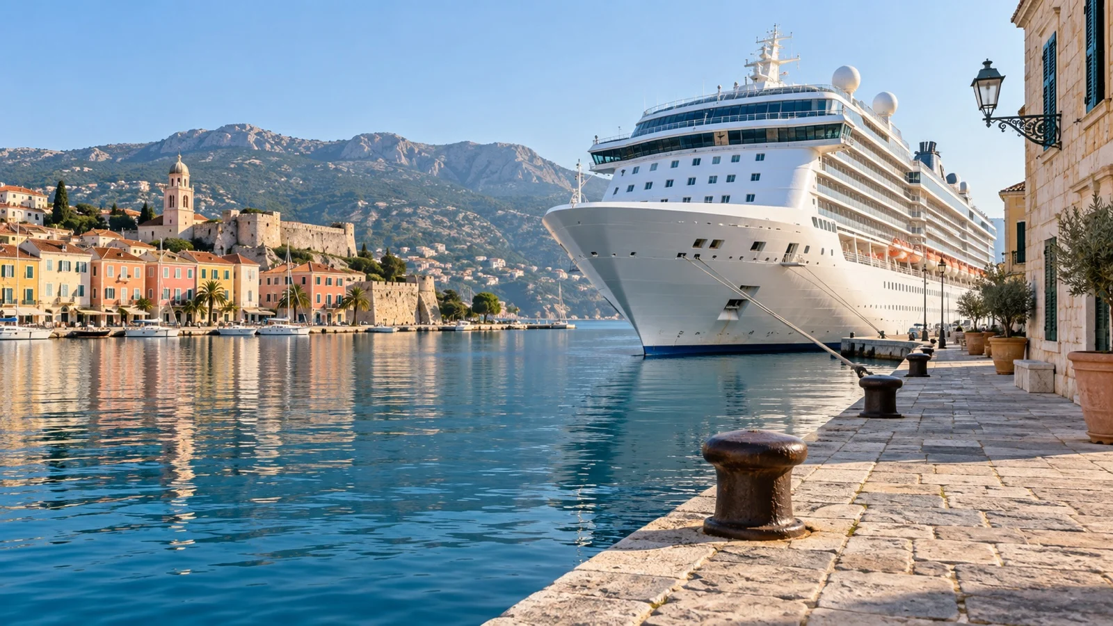 Cruise ship at a Mediterranean port beneath waterfront buildings