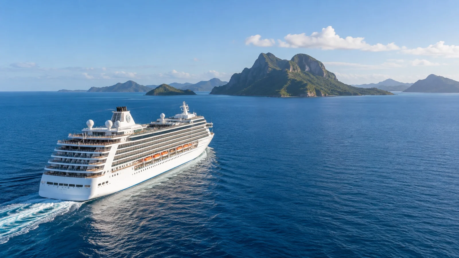 Cruise ship sailing across open sea toward islands
