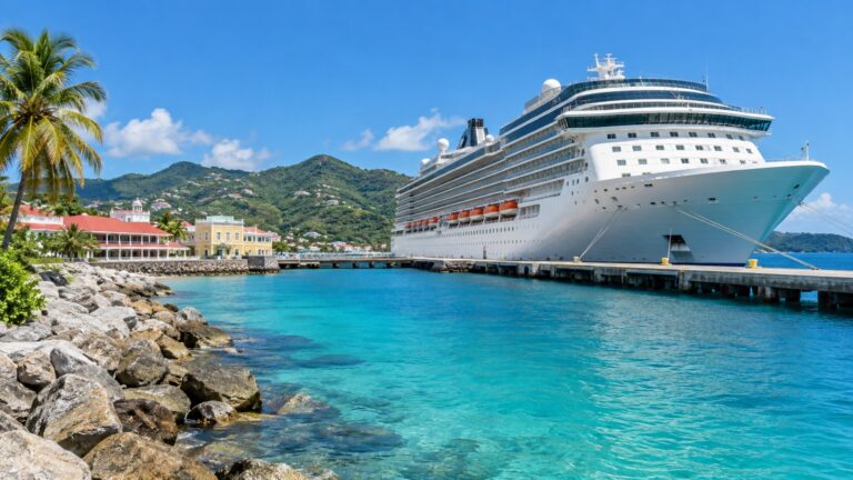 Cruise ship docked at a sunny Caribbean island pier beside turquoise water
