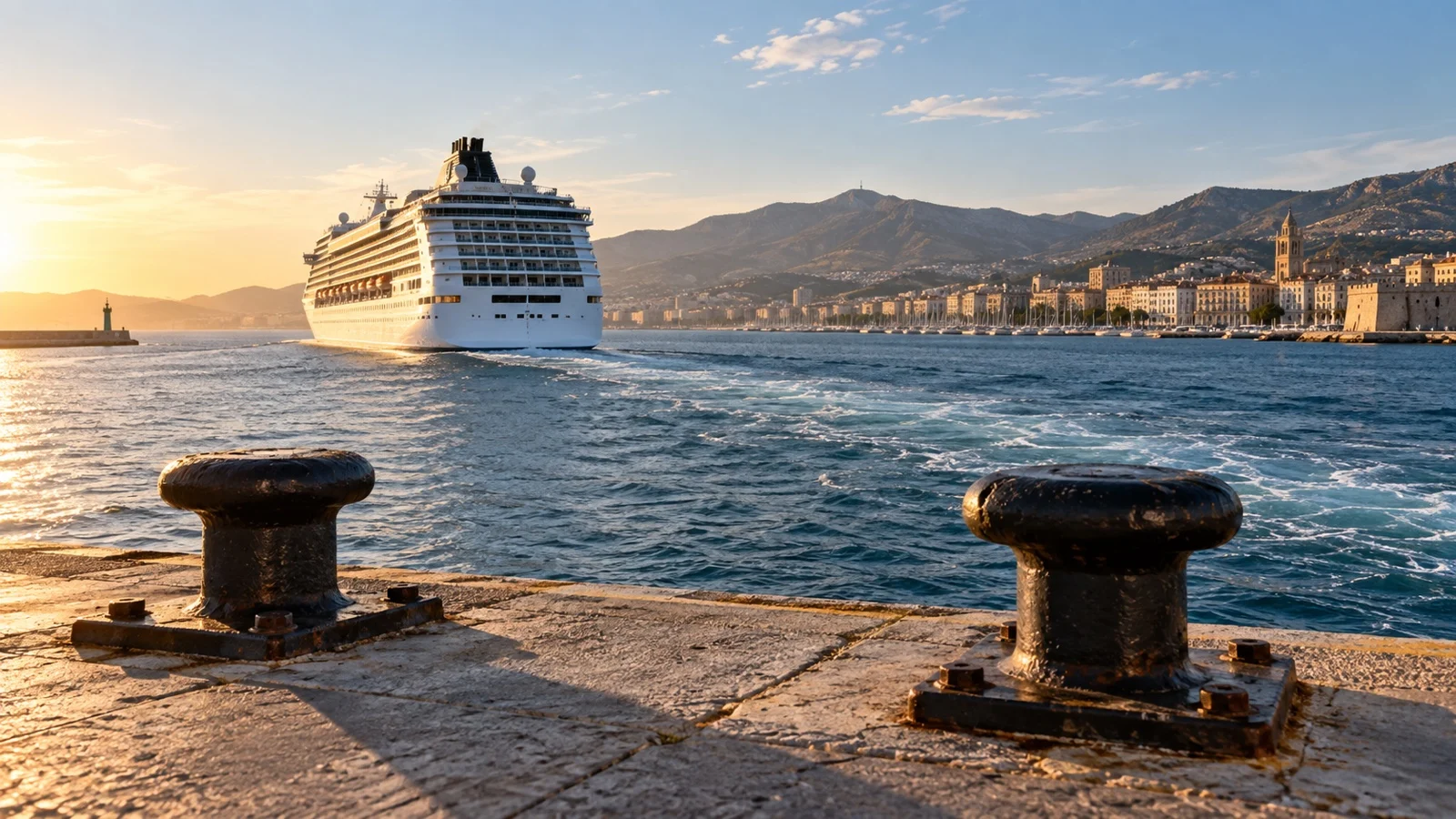 Cruise ship leaving a port past empty mooring bollards