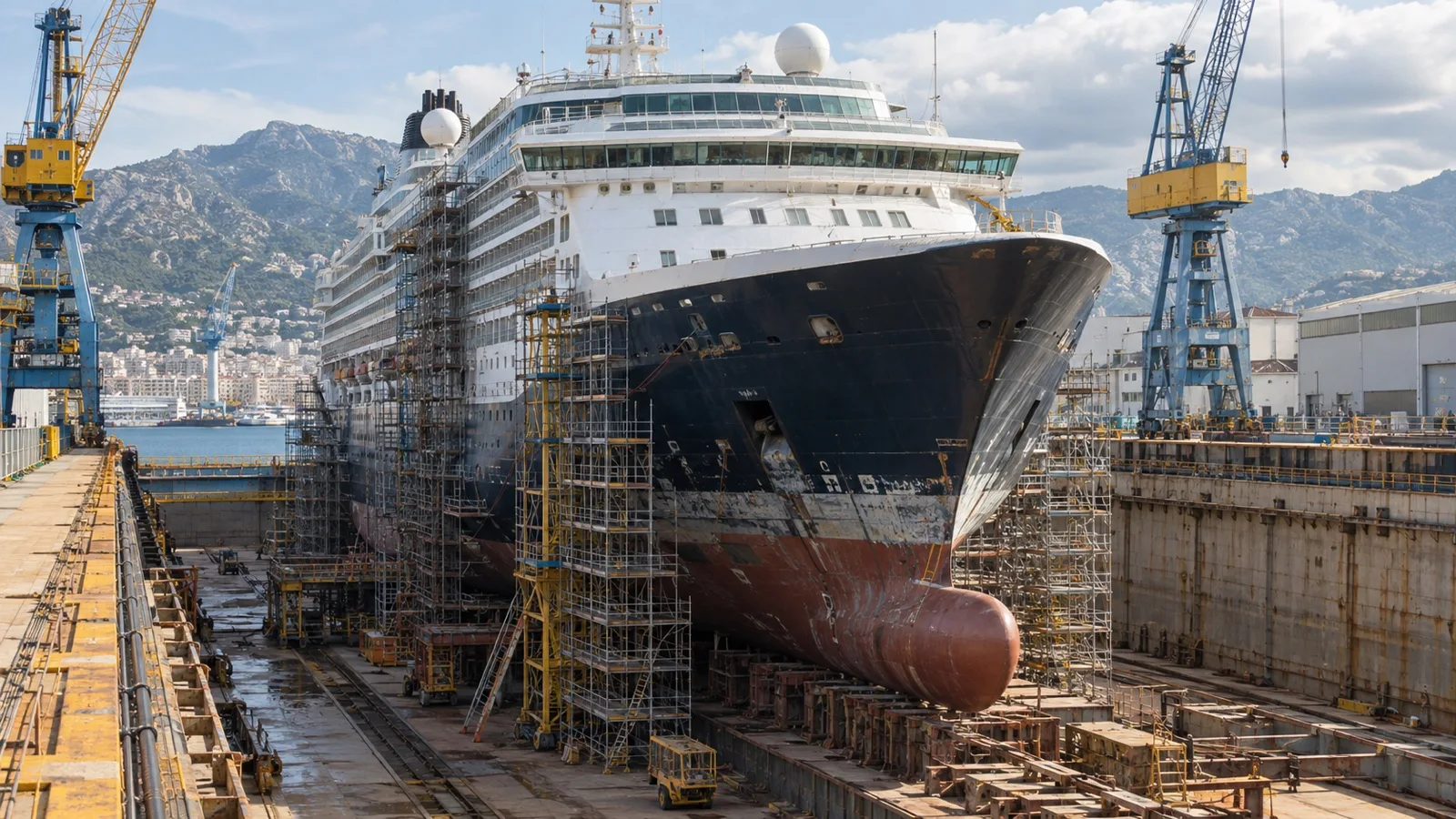 Cruise ship in a shipyard dry dock with scaffolding, no workers visible