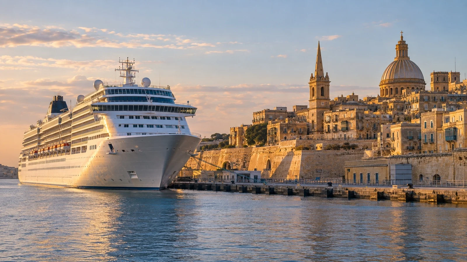 Cruise ship docked at a historic Mediterranean city port