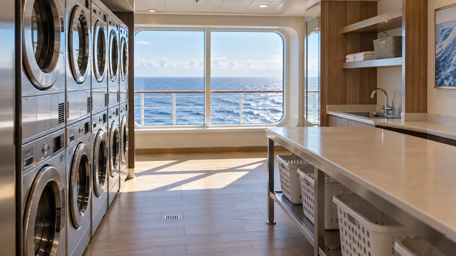Empty self-service laundry room aboard a cruise ship