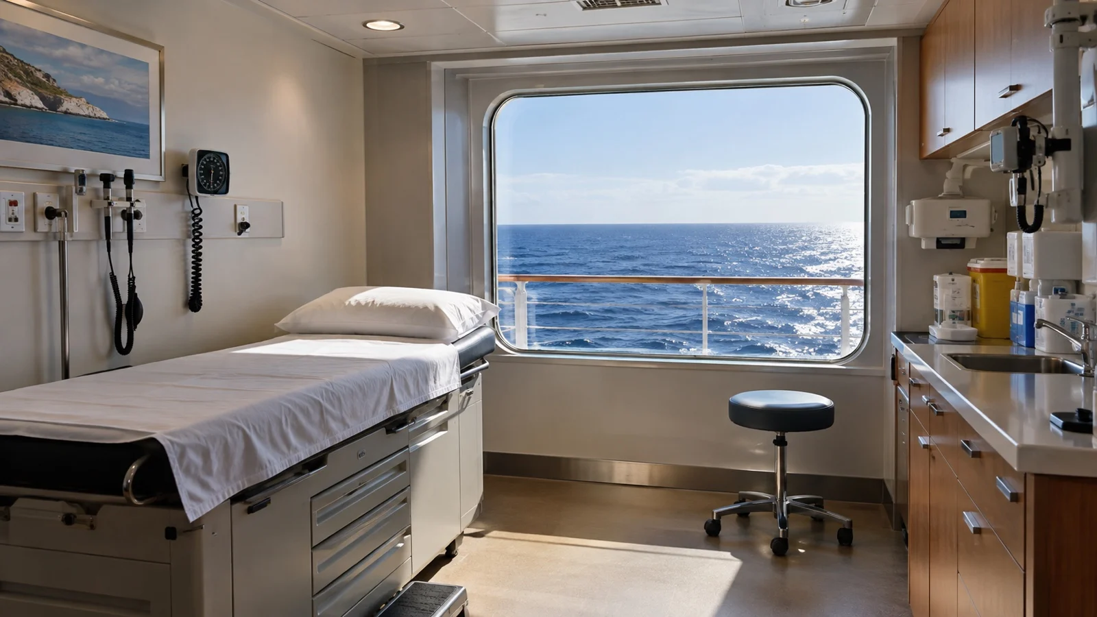 Empty cruise ship medical exam room with sea-view window