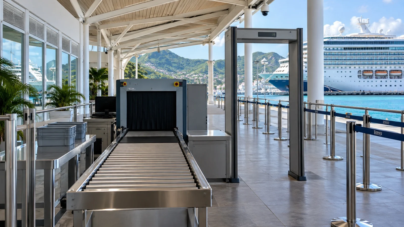 Empty cruise security screening lane with luggage scanner