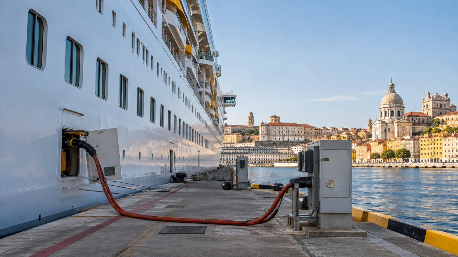Cruise ship docked quietly at city waterfront with shore-power cable visible