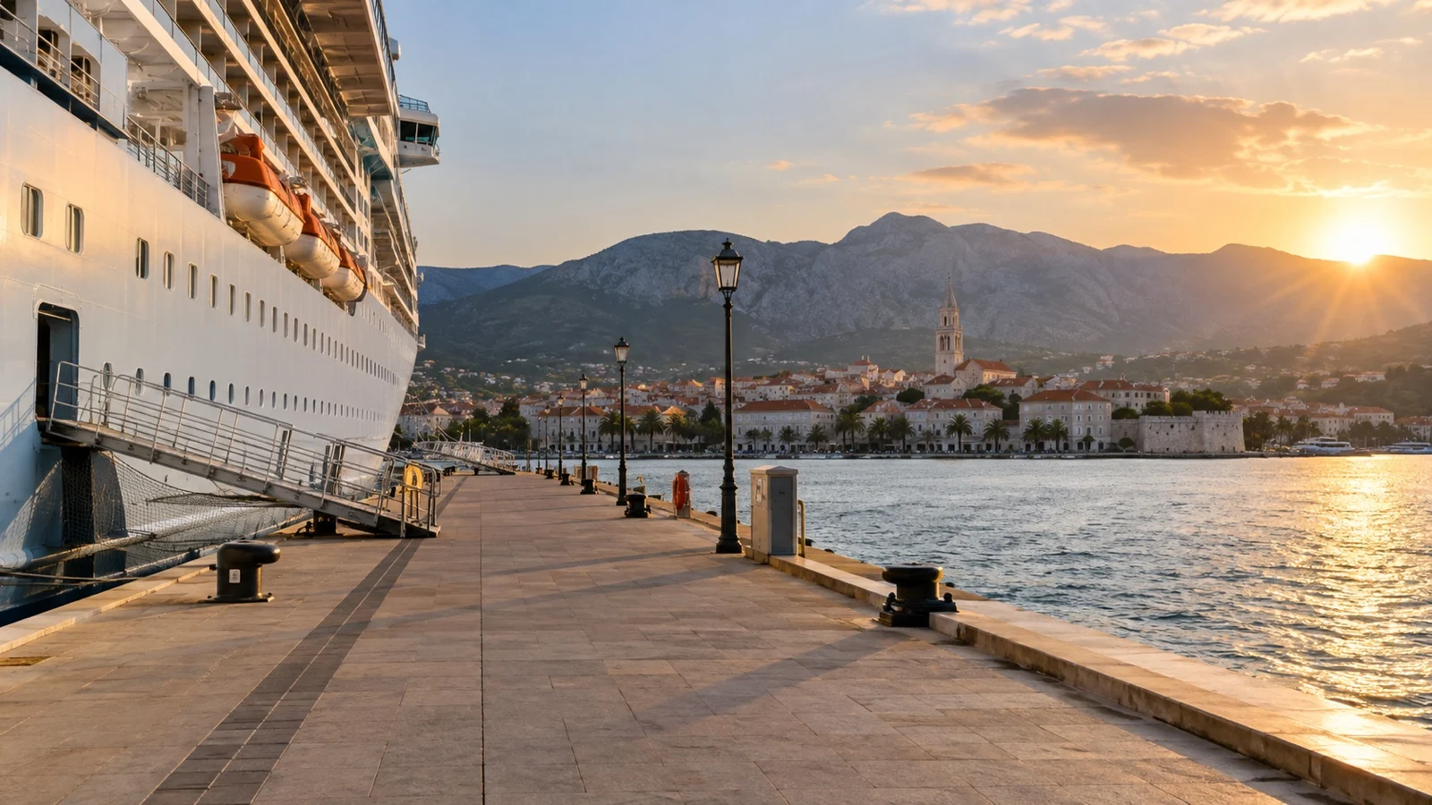 Cruise ship at a city pier beside an empty waterfront route back to the gangway