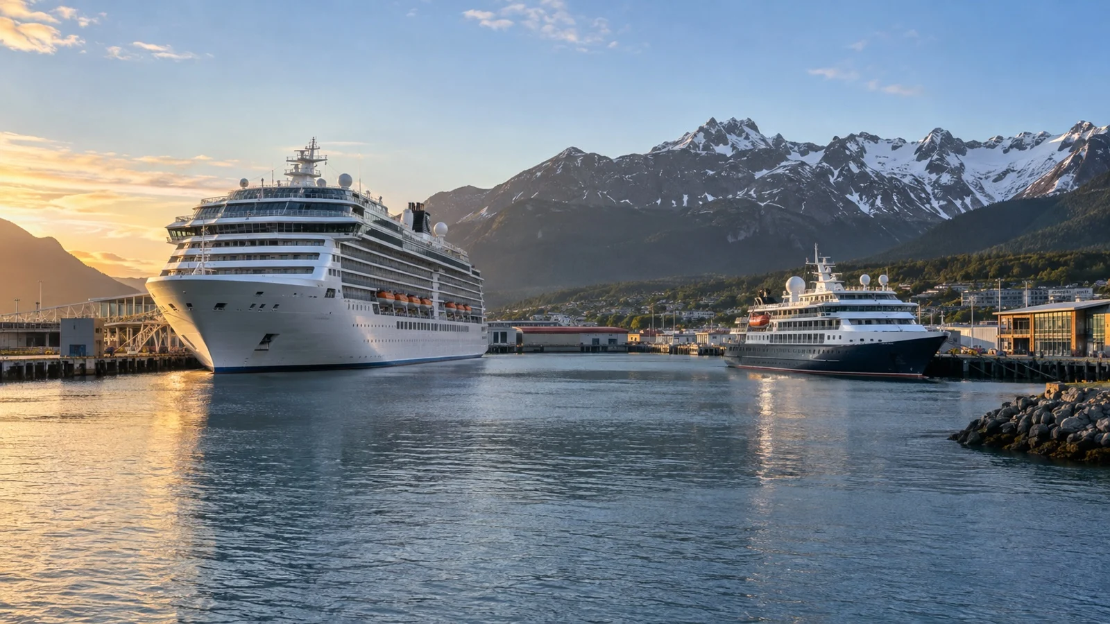 Large and small cruise ships docked at separate berths in one harbor, single continuous scene