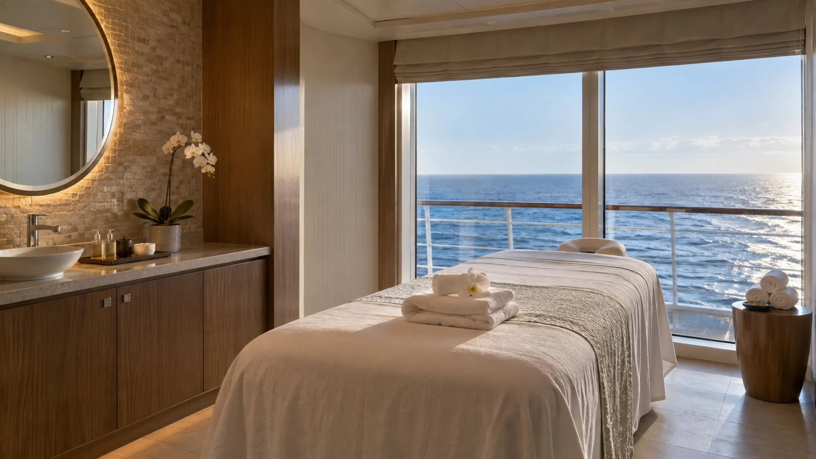 Empty cruise ship spa treatment room with folded towels