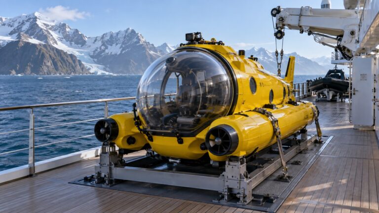 Small submarine carried aboard expedition cruise ship