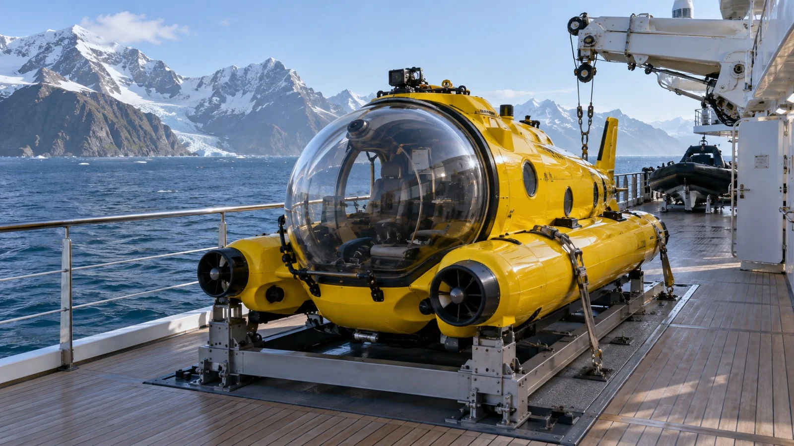 Small submarine carried aboard expedition cruise ship