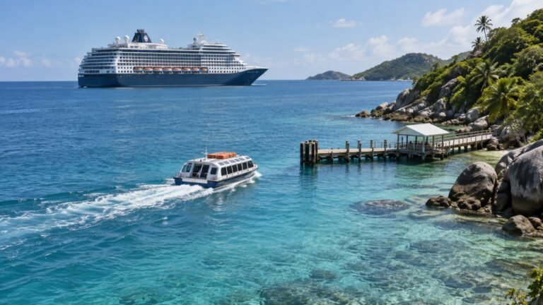 Cruise ship anchored offshore with a tender boat crossing the bay