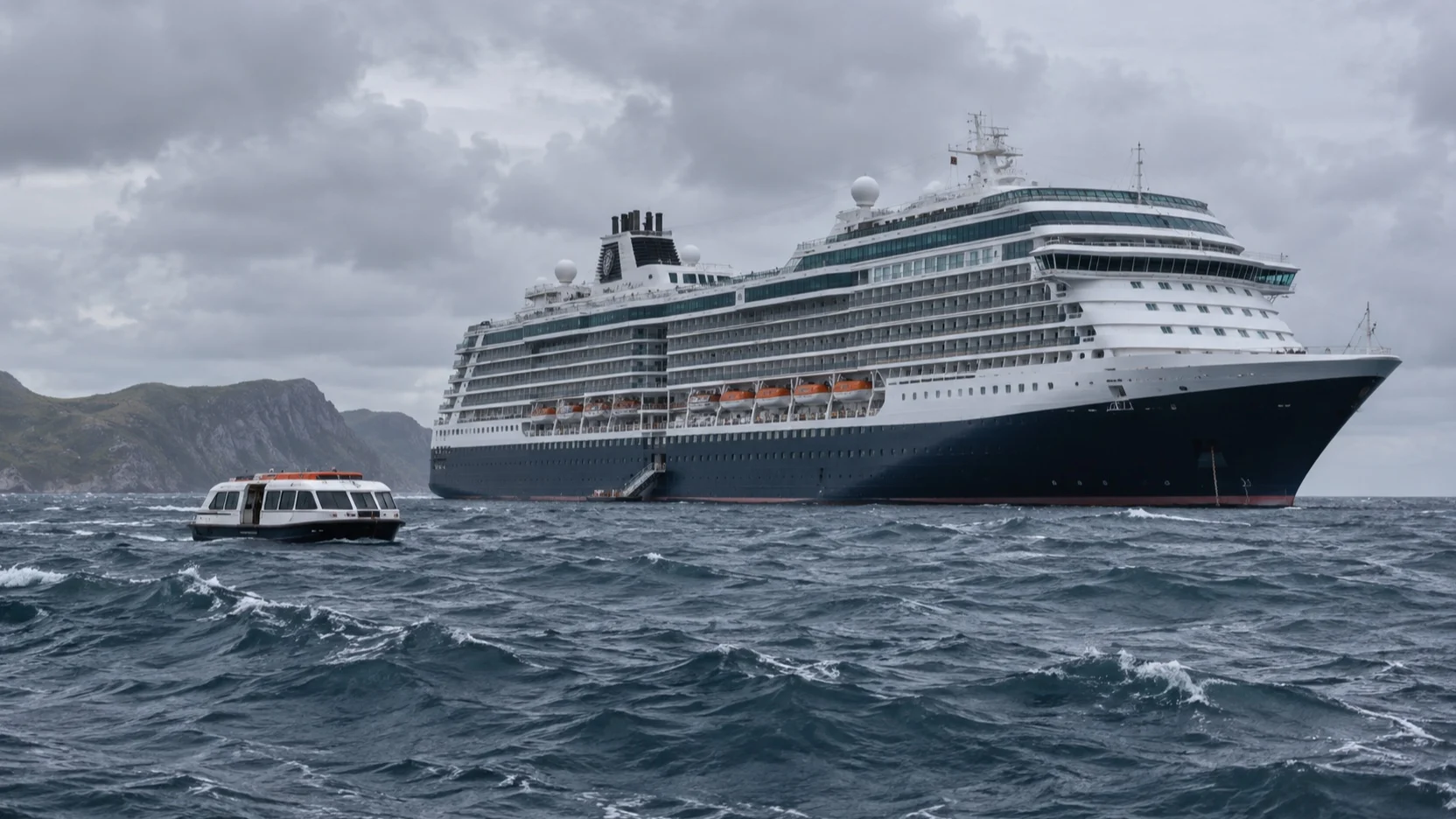 Tender boat near an anchored cruise ship in choppy seas