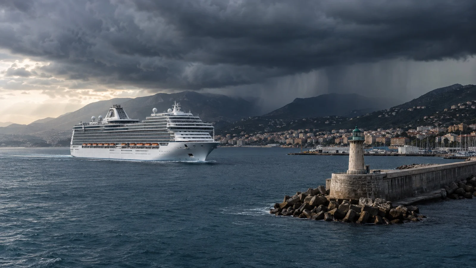Cruise ship near a harbor under threatening weather clouds