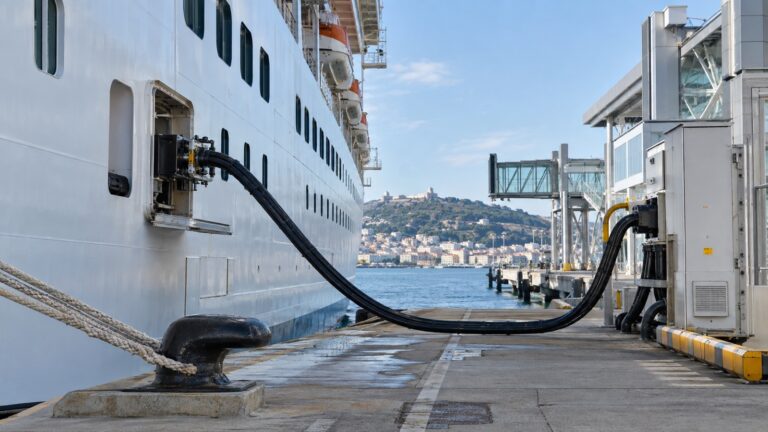 Heavy shore-power cable connected to cruise ship at port berth, no workers