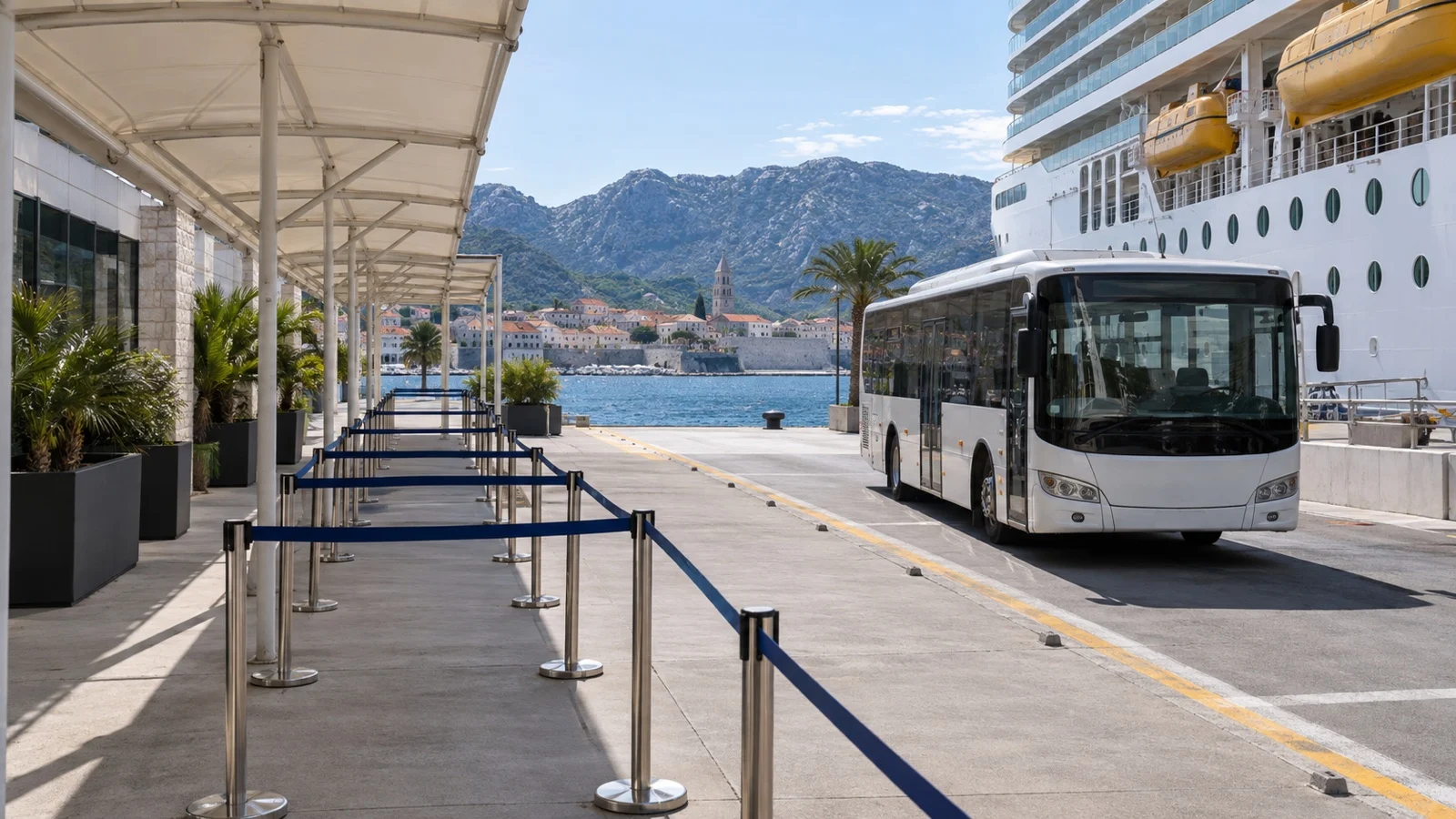 Empty marked shuttle queue lane and bus at a cruise pier