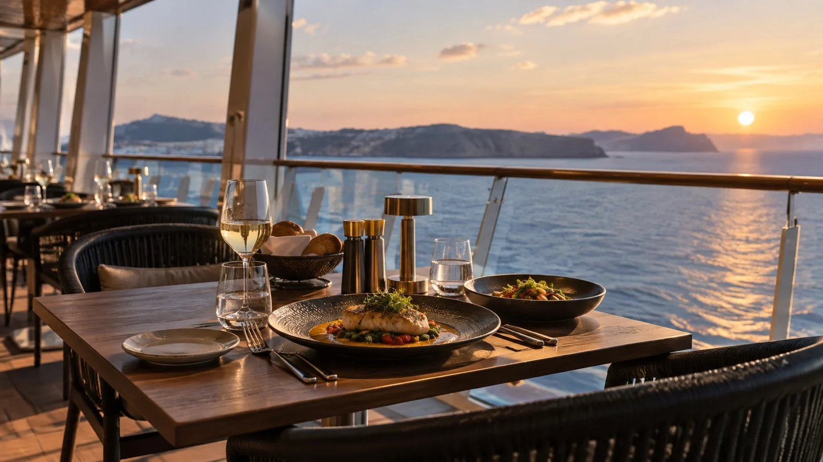 Empty cruise specialty restaurant table with plated dinner and sea view