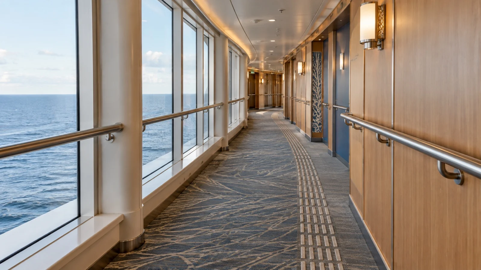 Tactile floor strips and handrails in a quiet cruise ship corridor