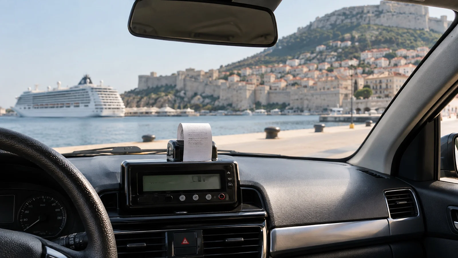 Taxi meter and blank fare receipt inside empty taxi, no readable text