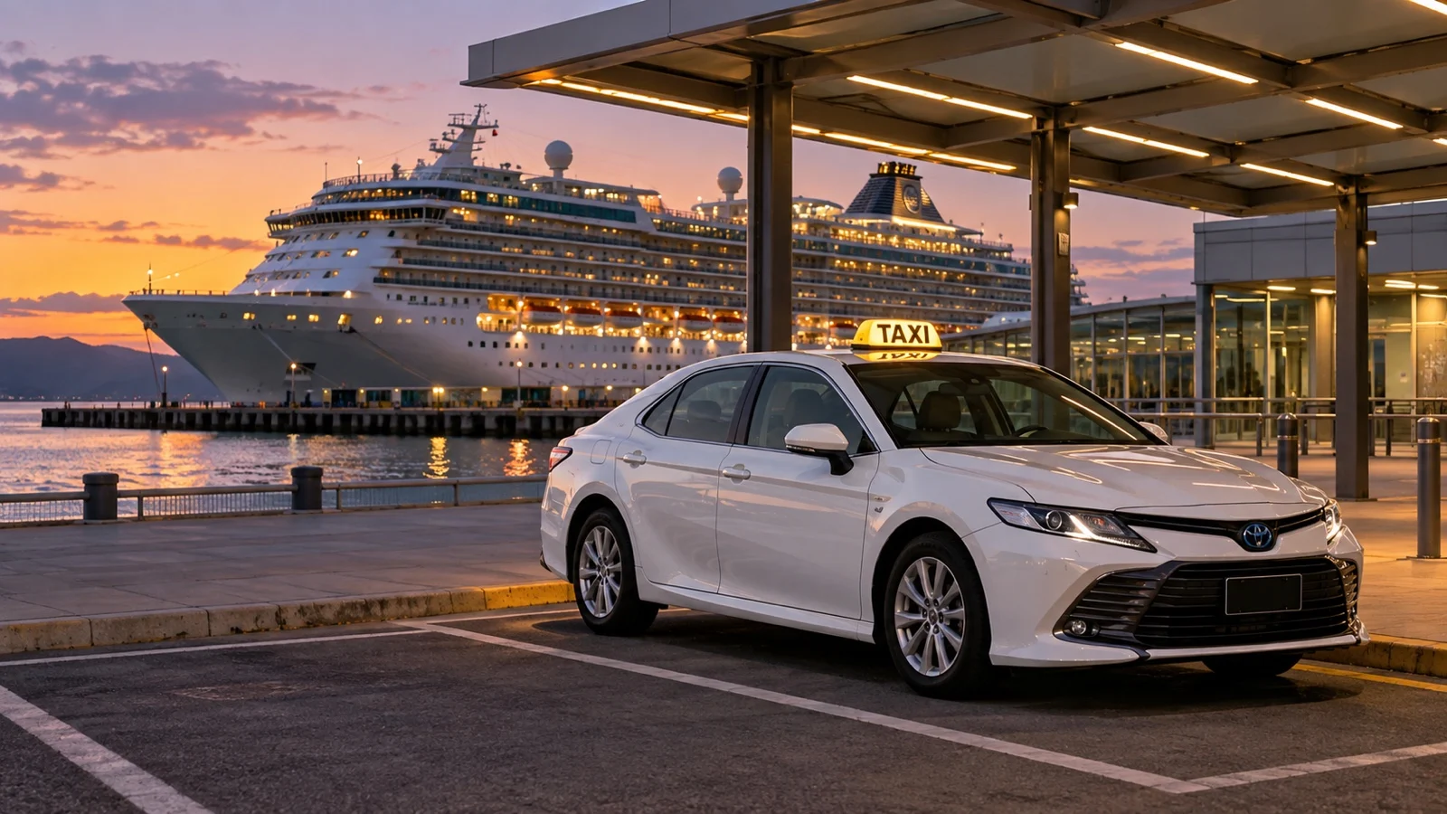 White taxi waiting under cruise terminal pickup shelter at dusk with ship docked behind