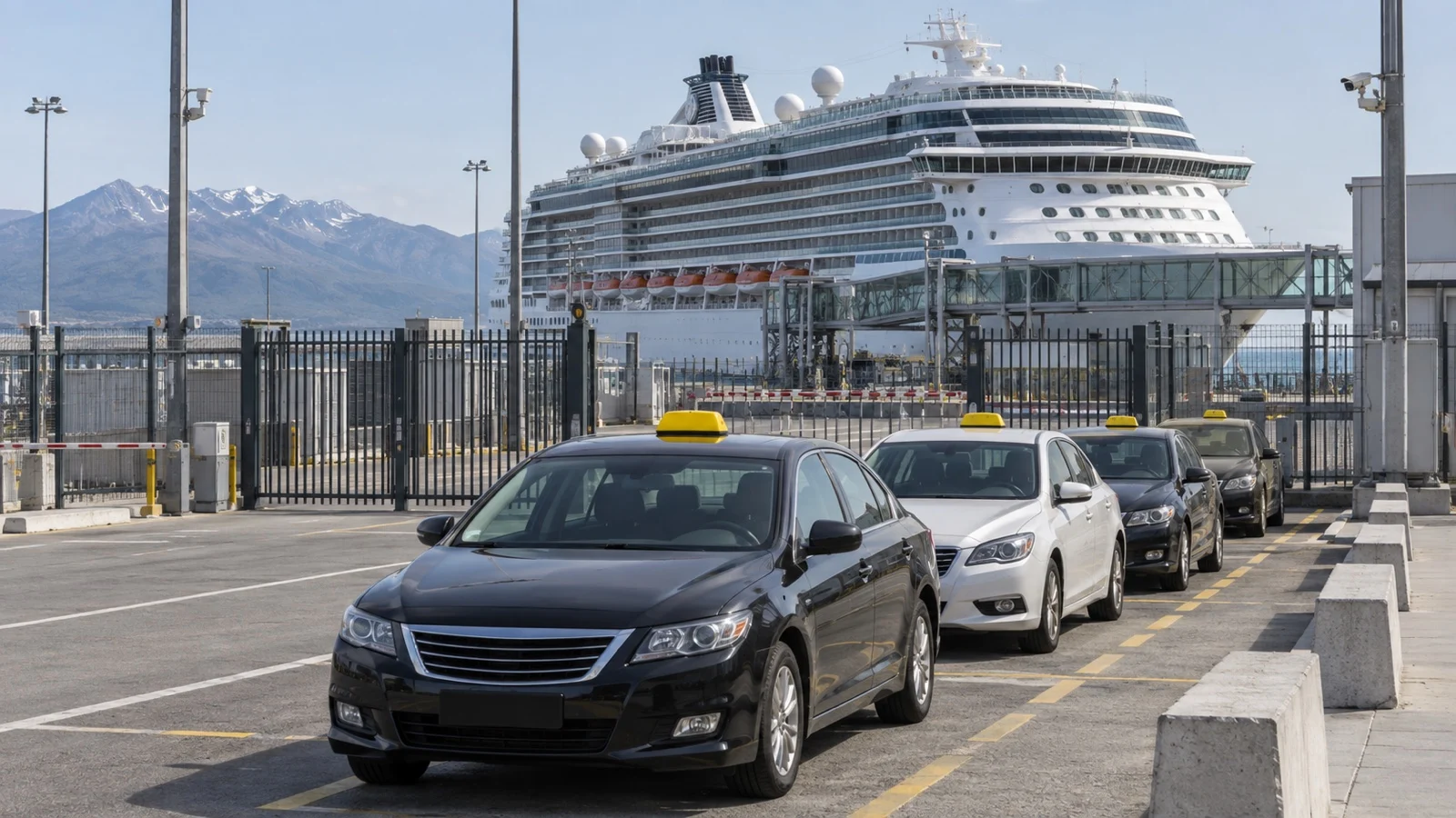 Empty taxi rank at cruise terminal beyond industrial gate