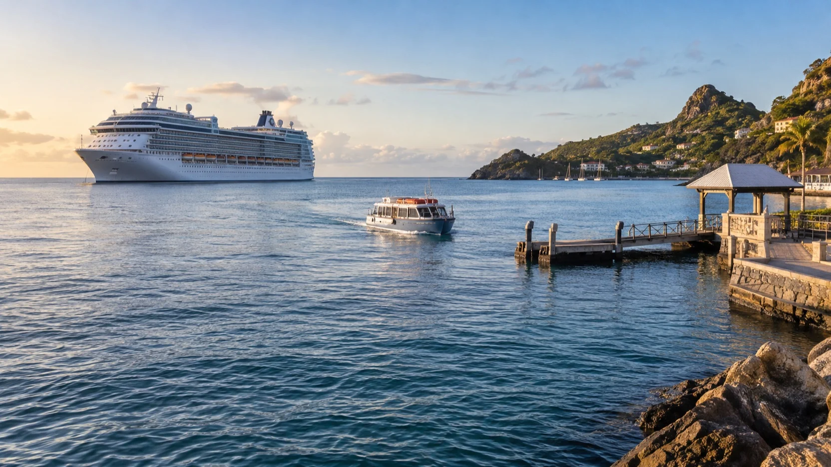Tender boat between an anchored cruise ship and protected harbor landing