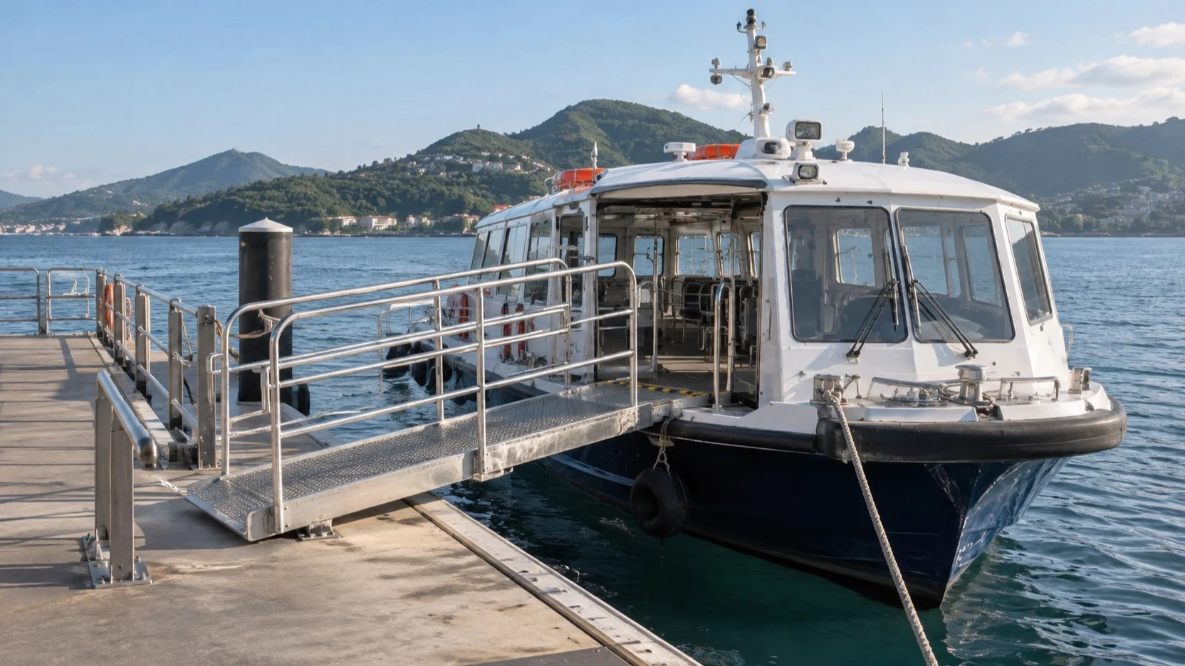 Tender boat beside a stable boarding ramp with handrails