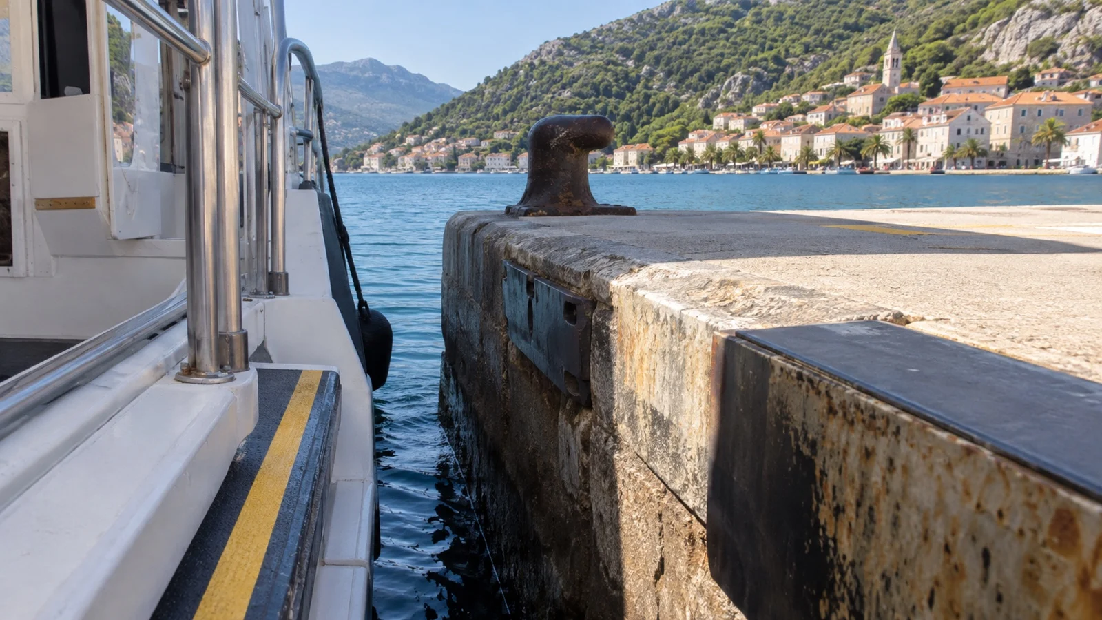 Close view of gap and step between tender boat and pier, no people