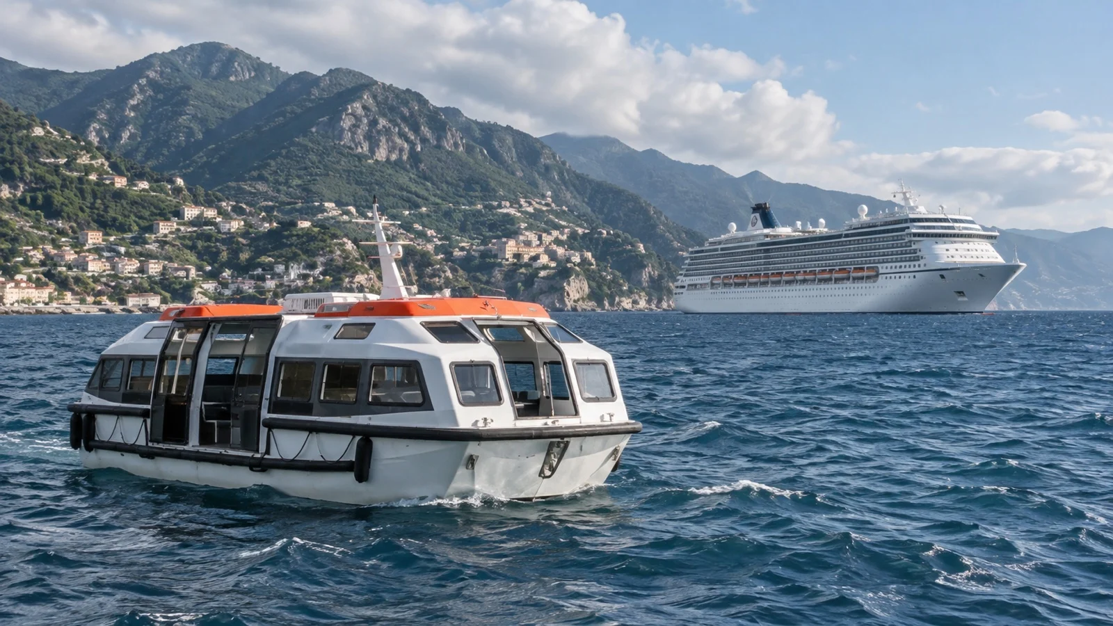 Empty cruise tender at a choppy anchorage with cruise ship beyond