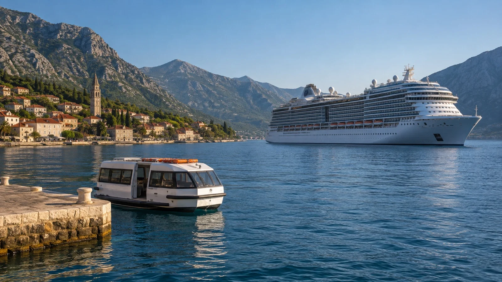 Large cruise ship anchored offshore with empty tender at a small port
