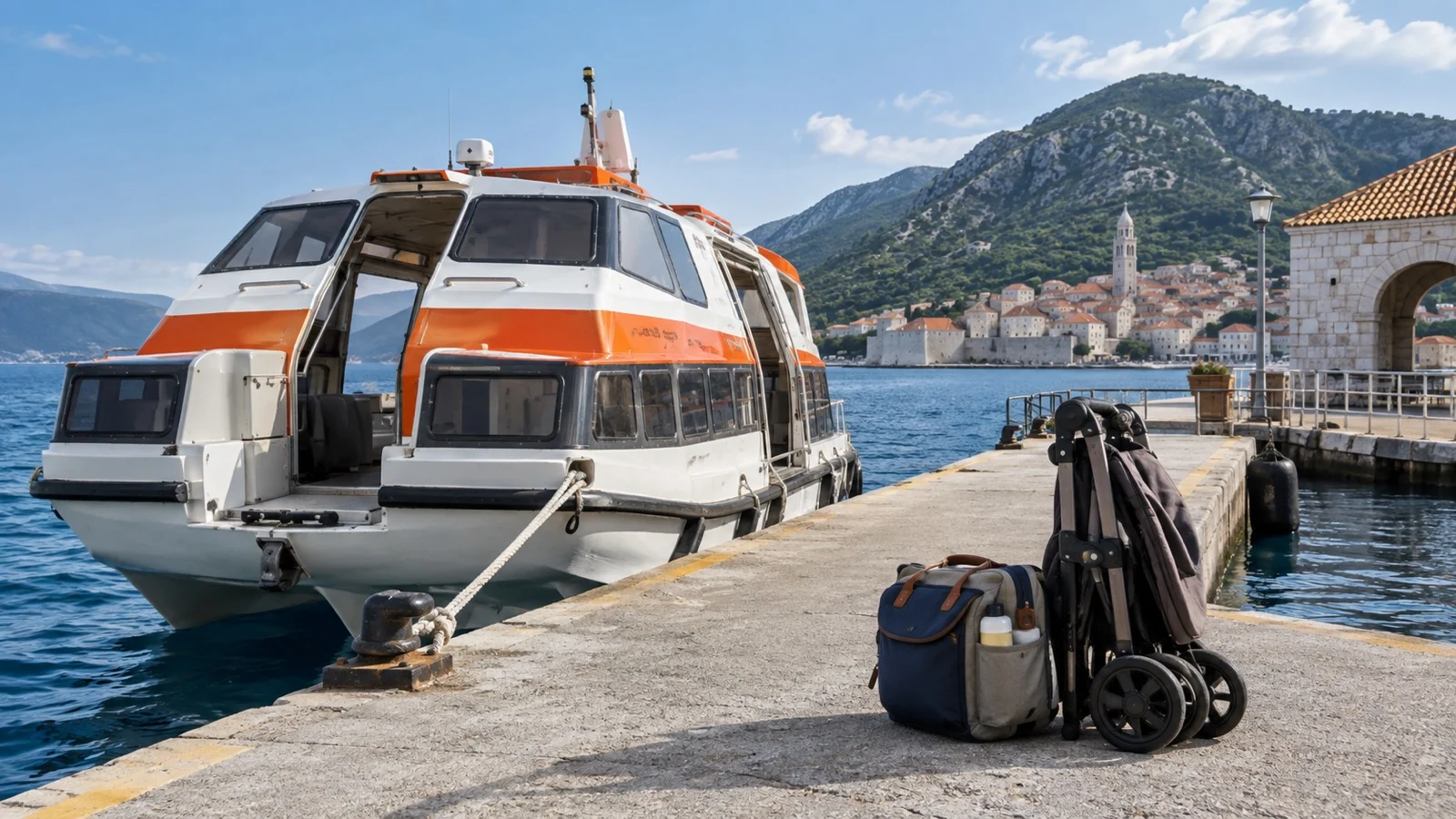 Empty tender boat at a cruise pier beside folded stroller and family day bag