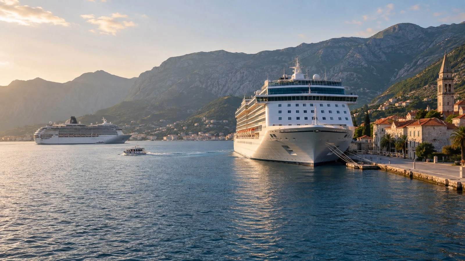 One cruise ship docked and another anchored offshore with tender boat in same harbor