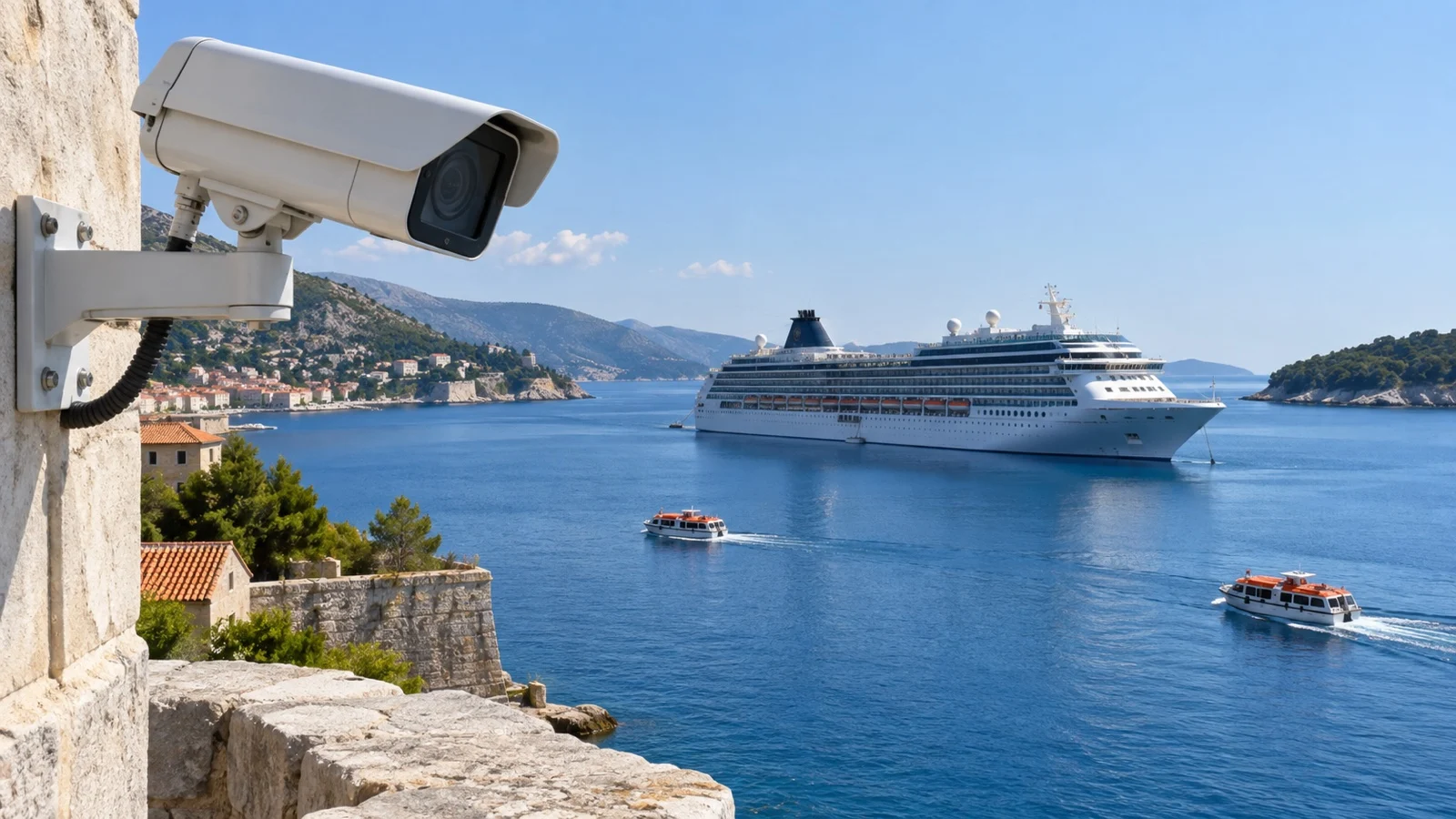 Harbor webcam overlooking cruise ship anchored offshore and two tender boats