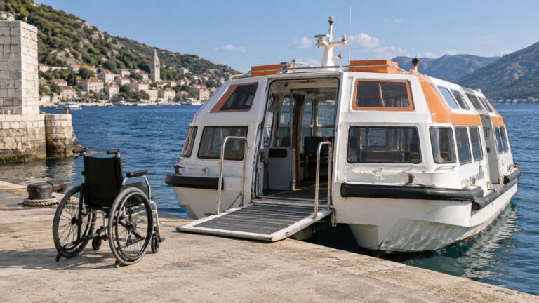 Empty cruise tender beside a pier with wheelchair parked near boarding point