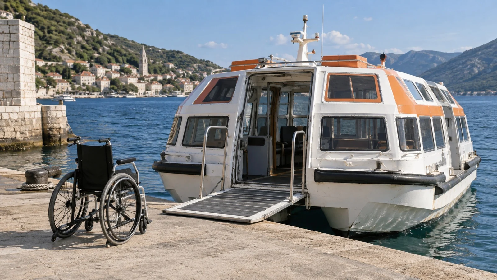 Empty cruise tender beside a pier with wheelchair parked near boarding point