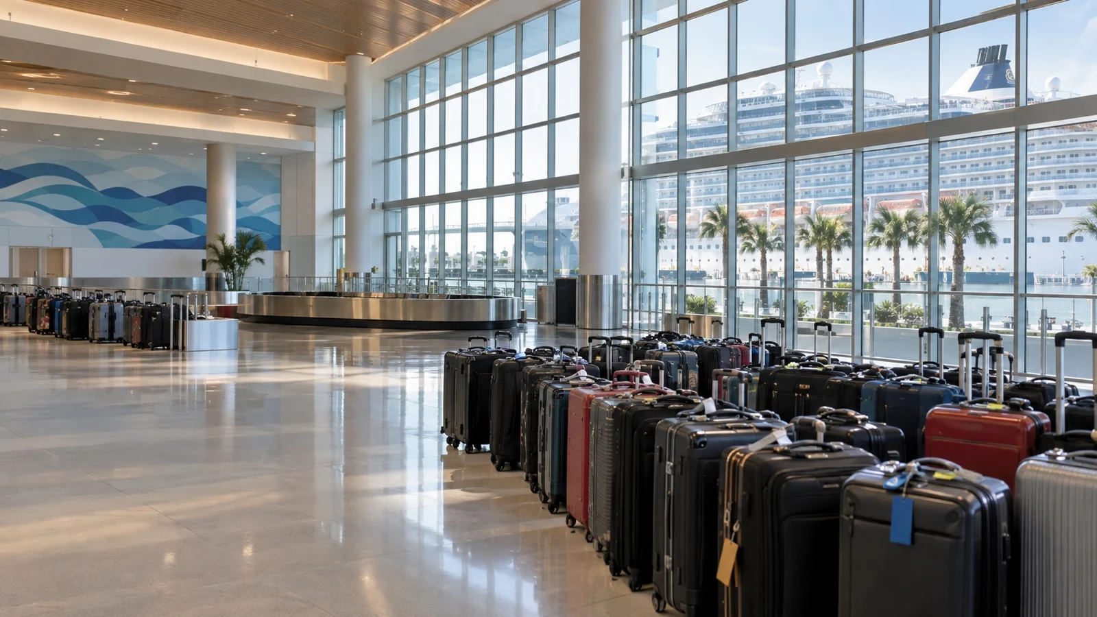 Empty cruise terminal baggage hall with rows of suitcases